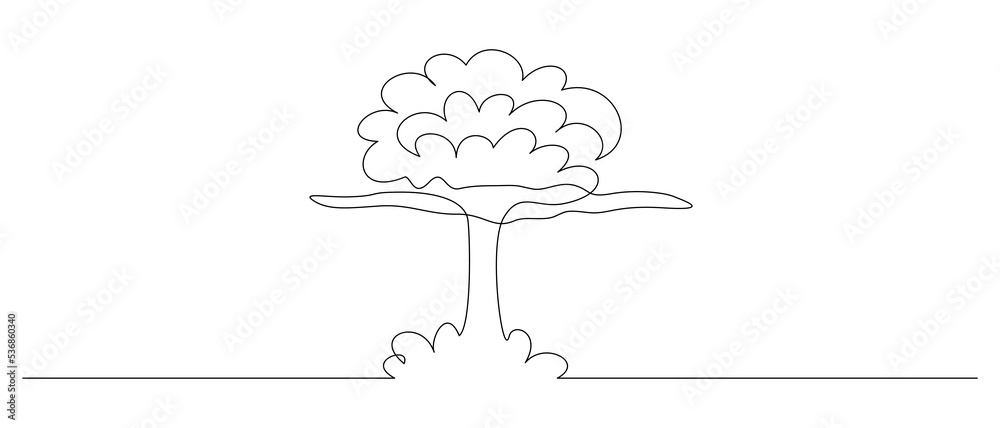 One continuous line drawing of Atomic bomb explosion. Nuclear mushroom ...