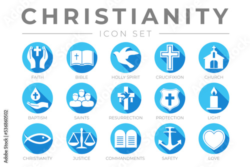 Blue Christianity Icon Set with Faith, Bible, Crucifixion , Baptism, Church, Resurrection, Holy Spirit, Saints, Commandments,Light, Protection, Justice, Safety and Love Color Icons