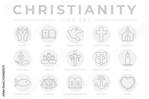 Round Gray Outline Christianity Icon Set with Faith, Bible, Crucifixion , Baptism, Church, Resurrection, Holy Spirit, Saints, Commandments,Light, Protection, Justice, Safety and Love Thin Icons