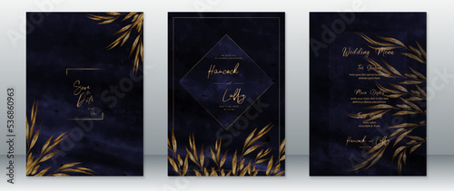 Wedding invitation card template luxury of gold design with golden frame, leaf and dark navy background