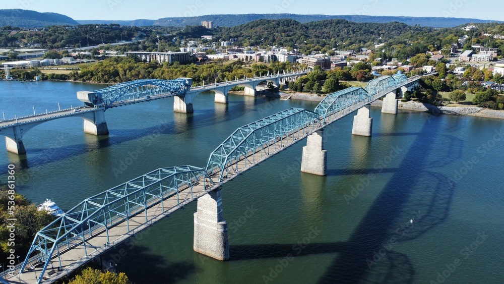 Walnut and Market street bridges downtown Chattanooga Tennessee aerial view 