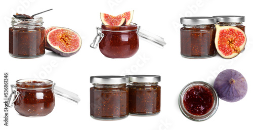 Set with glass jars of tasty sweet fig jam on white background. Banner design