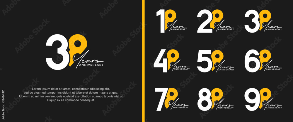 set of anniversary logo white and yellow color on black background for celebration moment set of anniversary logo white and yellow color on black background for celebration moment