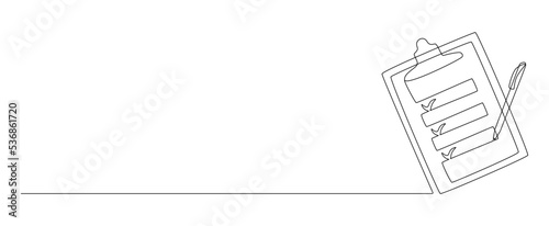 One continuous line drawing of Clipboard with checklist and pen. To do list with ticks and concept for test expertise and exam in simple linear style. Editable stroke. Doodle vector illustration