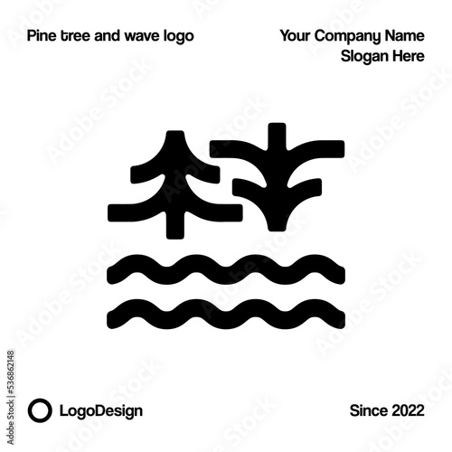 pine tree logo with wave vector symbol illustration design