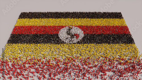 Aerial view of a Crowd of People, congregating to form the Flag of Uganda. Ugandan Banner on White Background.