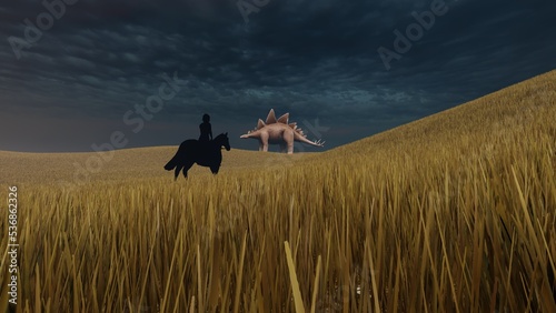 dinosaur in the field 3d render © Hirzan