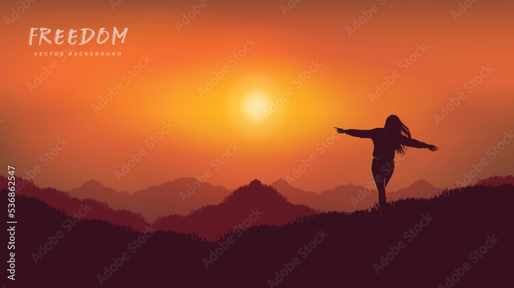 Freedom girl travel sunset vector background bg landscape mountains sun sky red yellow orange