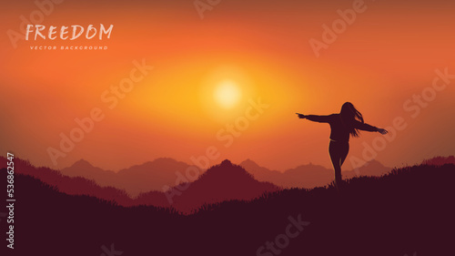 Fototapeta Naklejka Na Ścianę i Meble -  Freedom girl travel sunset vector background bg landscape mountains sun sky red yellow orange