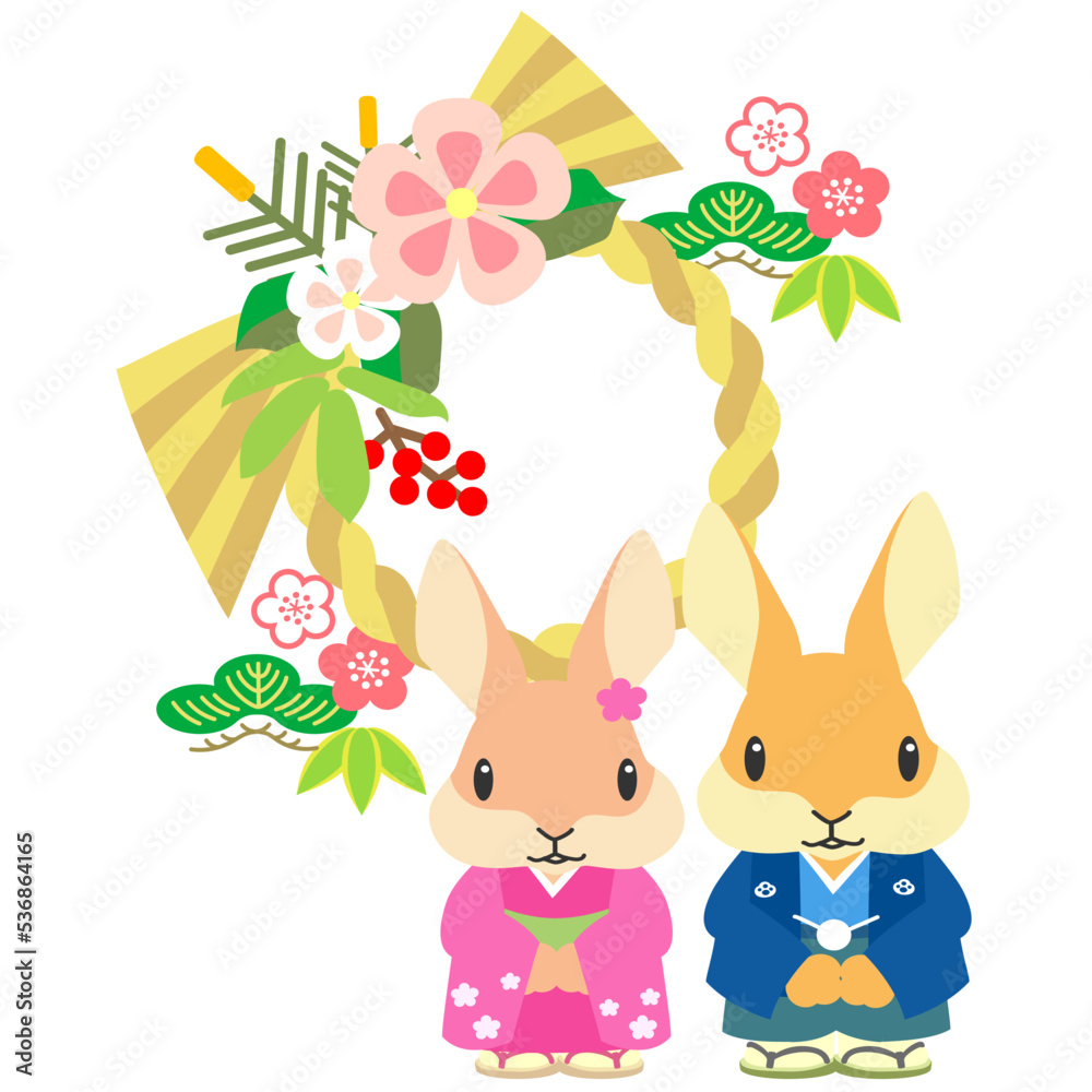 かわいい和服のうさぎとリース型のしめ飾り かわいい和服のうさぎとリース型のしめ飾り