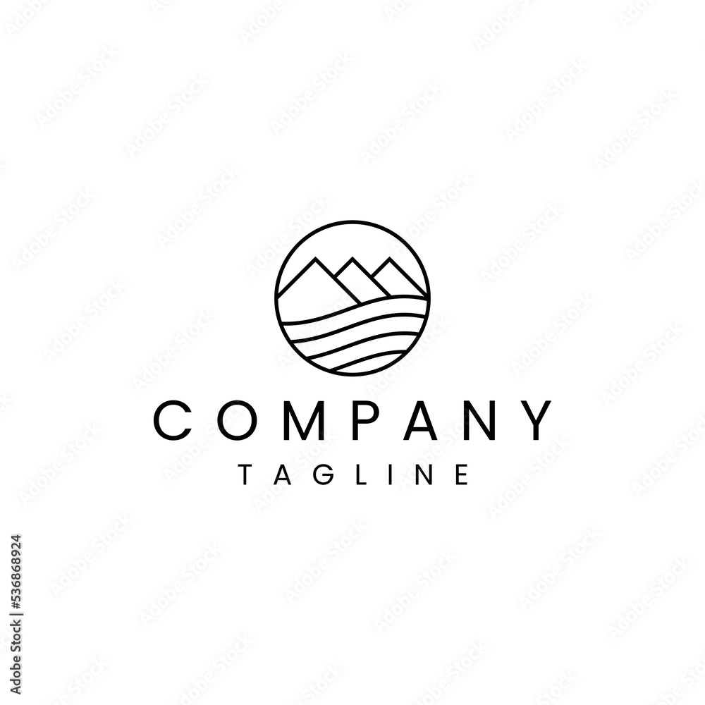 mountain and lake line art logo design