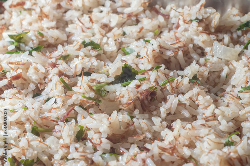 Rice from Carreteiro texture- Typical food from southern Brazil, made with rice, dried meat photo