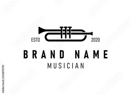 Trumpet logo design, generate melody, musical jazz instrument vector sketch illustration