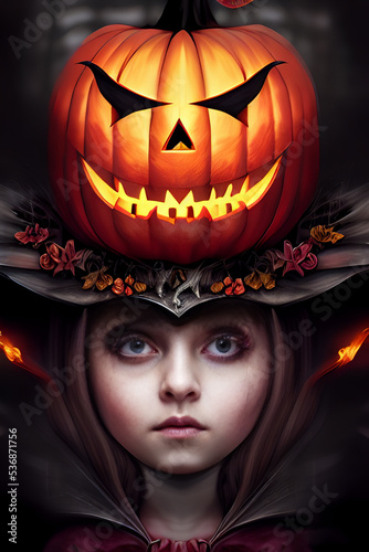 Portrait of a young Halloween witch with a pointy hat in surreal and fantasy surrounding. Spooky and eerie. Digital painting with custom trained AI models. Model release with reference image included.