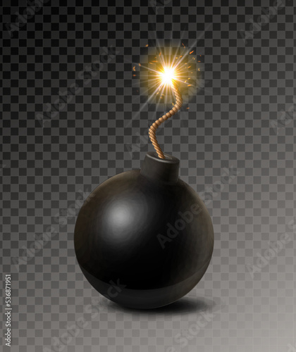 3d realistic vector icon. Black round bomb with burning fuse, isolated on transparent background.