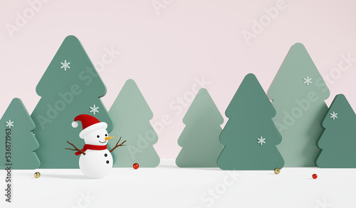 3D rendering snowman with cute papercut Christmas tree background.