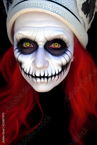 Face of a person painted in halloween themed mask. Face paint  skeleton. Evil and scary. Ai generated portraits with custom trained models - reference images and model releases. 