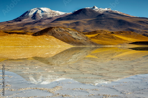 Laguna Tuyajto, salt lake in Atacama desert, volcanic landscape, Chile
