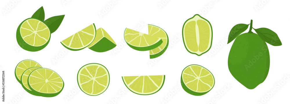 Vector flat style set of lime. Whole key lime, sliced, cutted in half ...