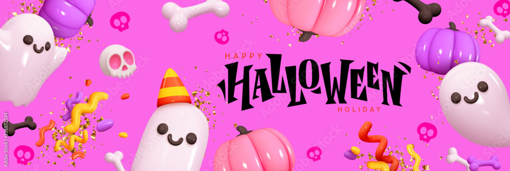 Halloween background creative design. Abstract horizontal banner concept Halloween day. Realistic 3d cartoon style. Festive themed header for website. Holiday poster in lilac color vector illustration