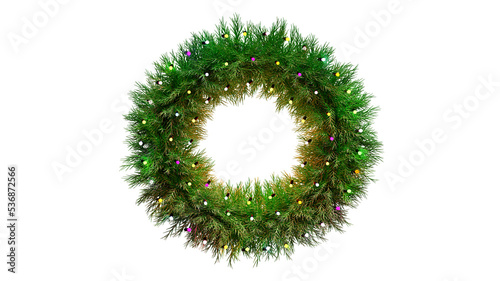 Christmas wreath with light on transparent background. Christmas wreath of pine branches with glowing lights 3d rendering. PNG file