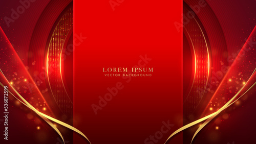 Gold circle with golden line, ribbon, sparkle glowing effect, shine dots, and bokeh elements 3d style luxury background