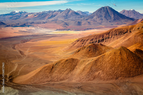 Atacama desert, volcanoes, Lake Lejia and arid landscape in Northern Chile
