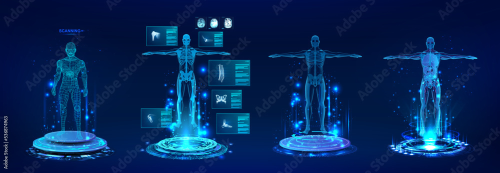 Healthcare 3D human body hologram with with full body scan, bones, organs,  joints, brain in futuristic
