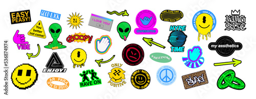Bright stickers with inscriptions, shapes and smiley. Trendy cartoon stickers, labels, badges. Stylish stickers, themed fashion set. Face ufo, lettering, smiley, cartoon hands. Vector collection	
