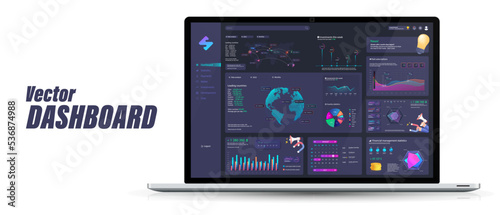 Laptop with dashboard mockup. Admin panel with graphic, charts, infographic, 3D elements and UI, UX, KIT. Blue dashboard with Business analytic and data online. 3D vector template admin panel	
