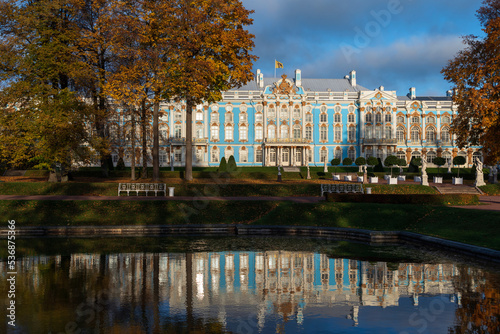 View of the Catherine Palace with reflection in the Mirror Pond of the Catherine Park in Tsarskoye Selo in the sunny autumn day, Pushkin, St. Petersburg, Russia