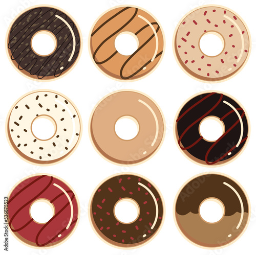 A vector set of 9 doughnuts. Hand drawn flat cartoon vector illustration isolated on white background.