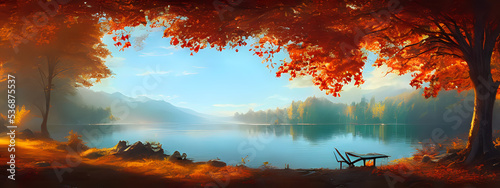 A calm lake framed by vibrant autumn foliage. Generative AI creation.