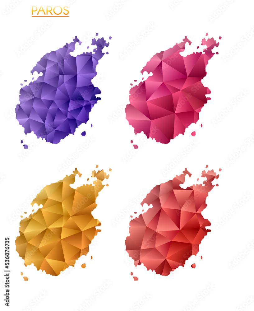 Set of vector polygonal maps of Paros. Bright gradient map of island in low poly style. Multicolored Paros map in geometric style for your infographics. Elegant vector illustration. Set of vector polygonal maps of Paros. Bright gradient map of island in low poly style. Multicolored Paros map in geometric style for your infographics. Elegant vector illustration.