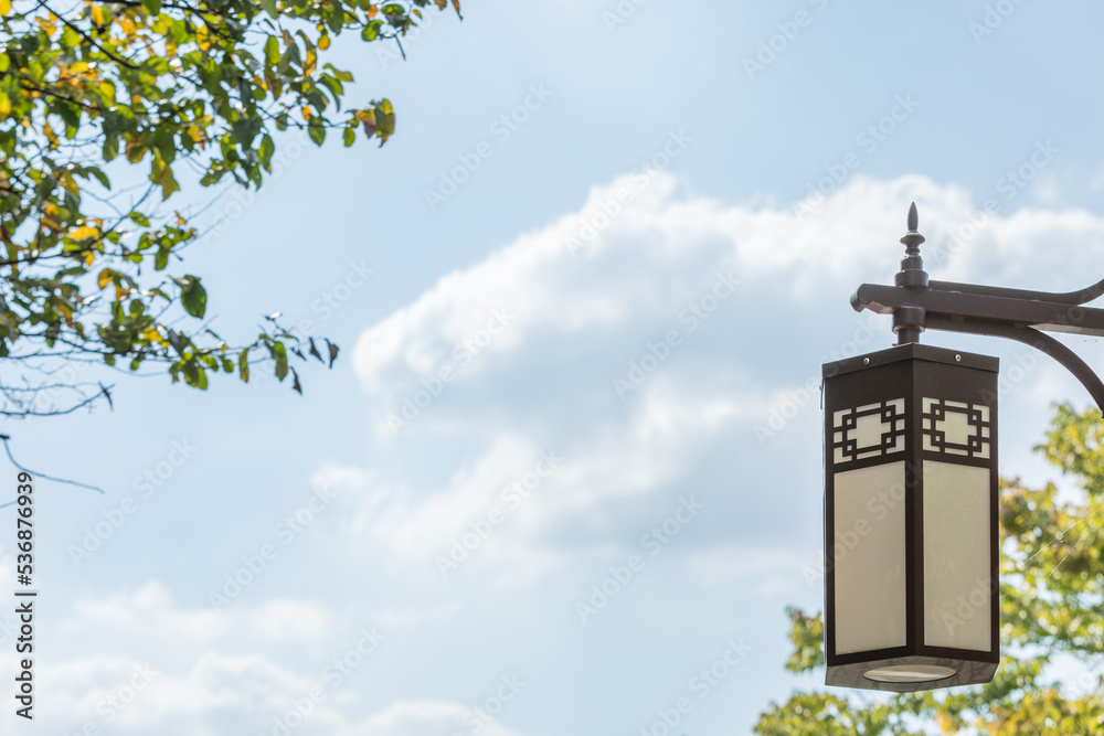 A street lamp with a traditional Korean pattern. A street lamp with a traditional Korean pattern.