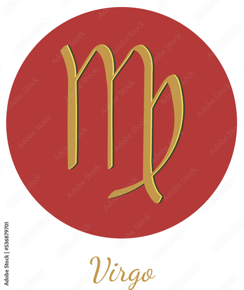 Obraz premium Zodiac sign Virgo, hand drawn vector with gold color and shadow isolated on the red and white background