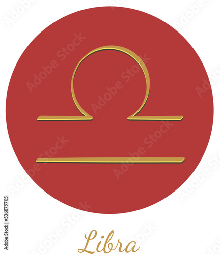 Zodiac sign Libra, hand drawn vector with gold color and shadow isolated on the red and white background