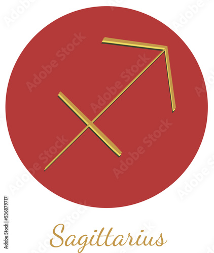 Zodiac sign Sagittarius, hand drawn vector with gold color and shadow isolated on the red and white background