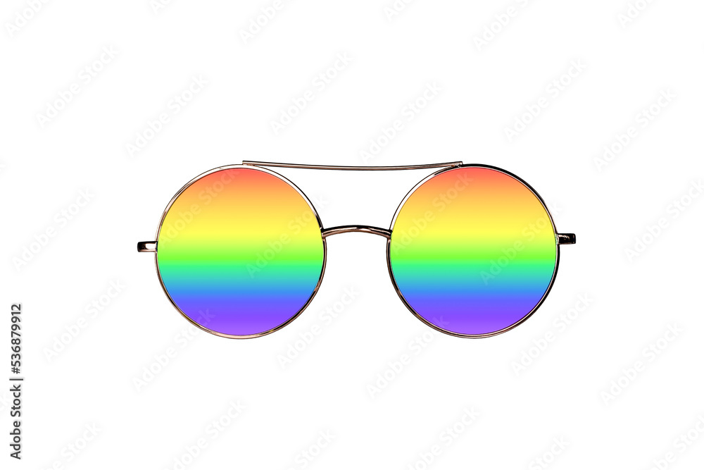 Round shape golden frame eyeglasses with rainbow lenses isolated cutout, symbol of diversity and inclusivity - obrazy, fototapety, plakaty 