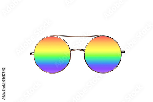 Round shape golden frame eyeglasses with rainbow lenses isolated cutout, symbol of diversity and inclusivity