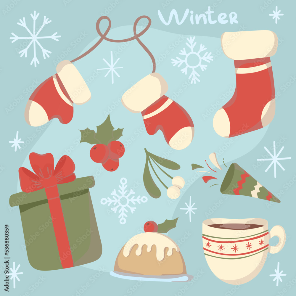Set of Christmas or New Year elements. Cute cozy hand drawn vector clip art.