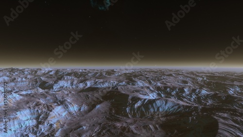Fototapeta Naklejka Na Ścianę i Meble -  Exoplanet fantastic landscape. Beautiful views of the mountains and sky with unexplored planets. 3D illustration.
