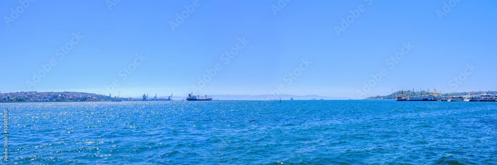 Bosphorus strait with Marine freight ships and vessel on a skyline. Bosphorus strait with Marine freight ships and vessel on a skyline.