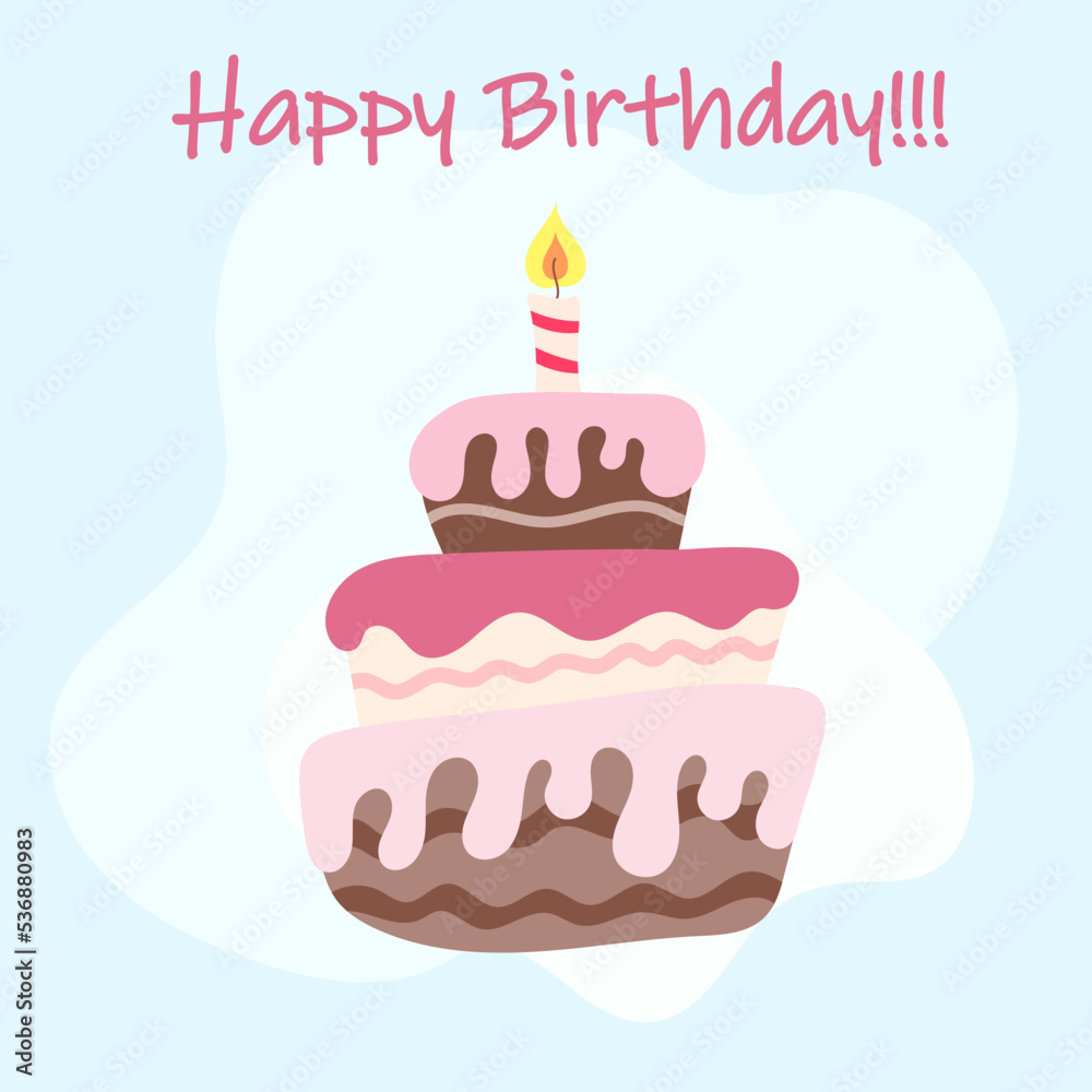 Hand drawn cute happy birthday card with cake and candle. Greeting card vector illustration Hand drawn cute happy birthday card with cake and candle. Greeting card vector illustration