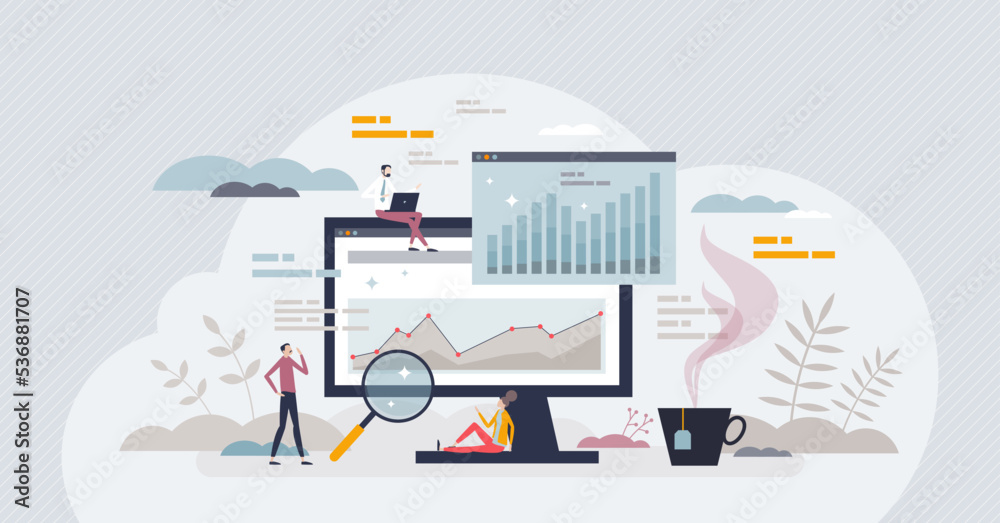Data analytics with business information chart monitoring tiny person concept. Infographic with statistical dashboard and future planning or research vector illustration. Modern digital control system - obrazy, fototapety, plakaty 