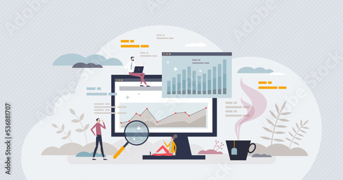 Data analytics with business information chart monitoring tiny person concept. Infographic with statistical dashboard and future planning or research vector illustration. Modern digital control system