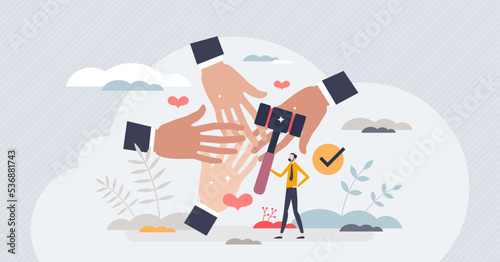 Pro bono work with public good social and free services tiny person concept. Lawyer help for community protection and defense in court vector illustration. Assistance and consulting for compensations.