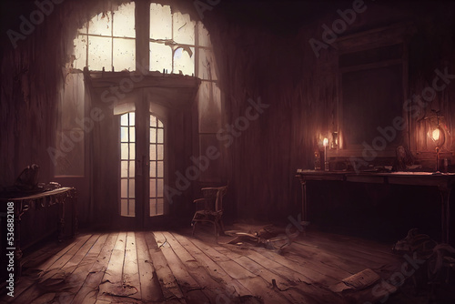 creepy interior of an abandoned building background  concept art  digital illustration  haunted house  scary interior  