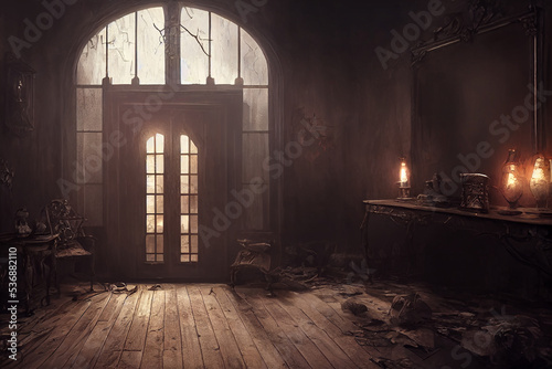 creepy interior of an abandoned building background, concept art, digital illustration, haunted house, scary interior, Generative AI 