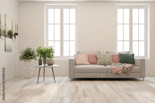 White living room with sofa. Scandinavian interior design. 3D illustration